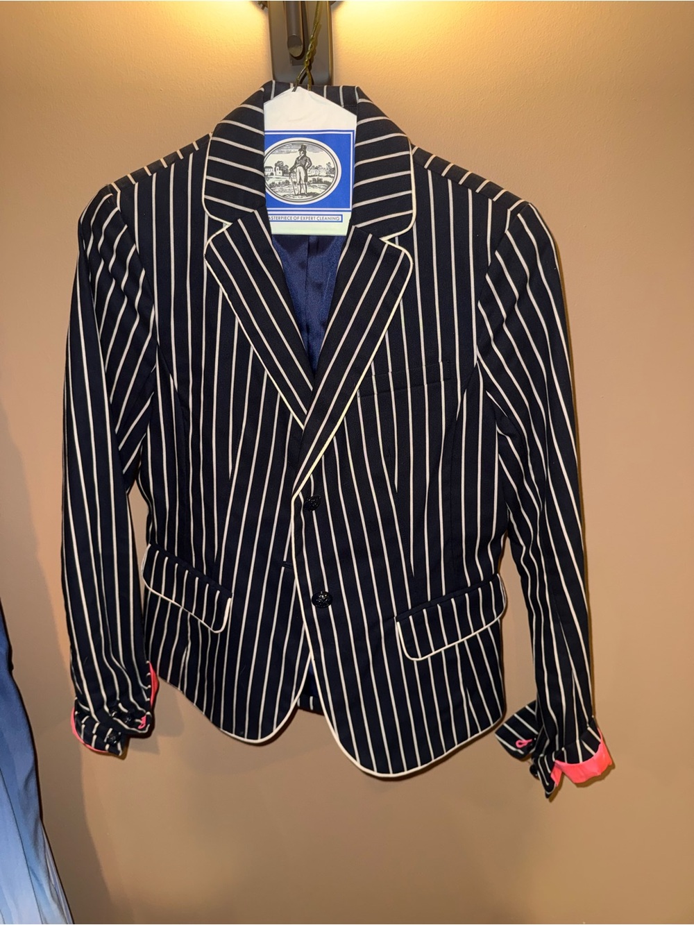 The Academy Brand Navy Blue Pinstripe Blazer with Pink Trim